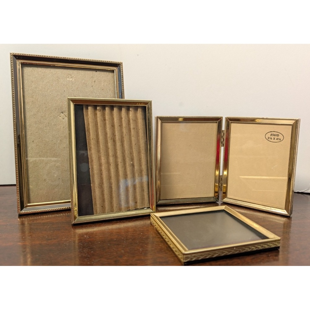 Vintage Gold Tone Picture Frame Lot 4 Tabletop Hinged Double Easel Back #561D